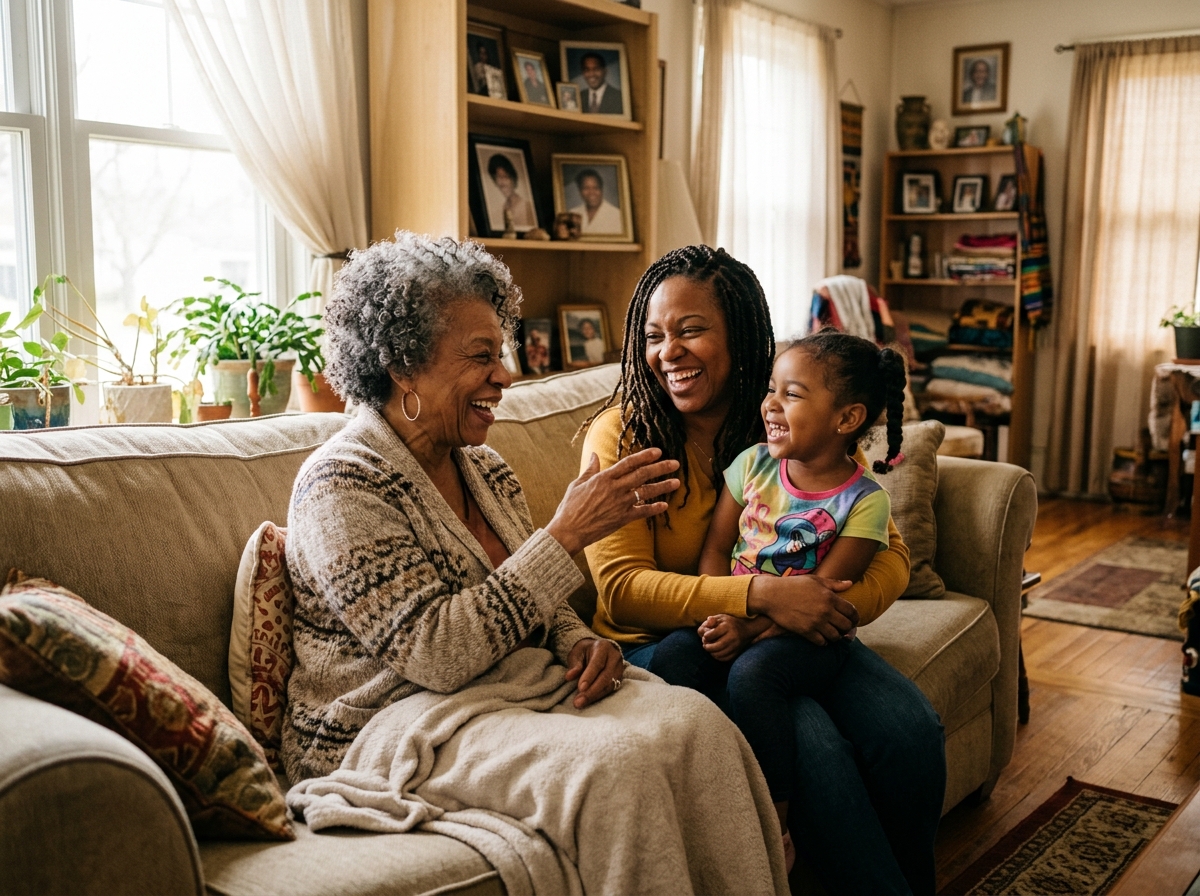 Multi-generational family sharing a warm moment at home with senior loved one