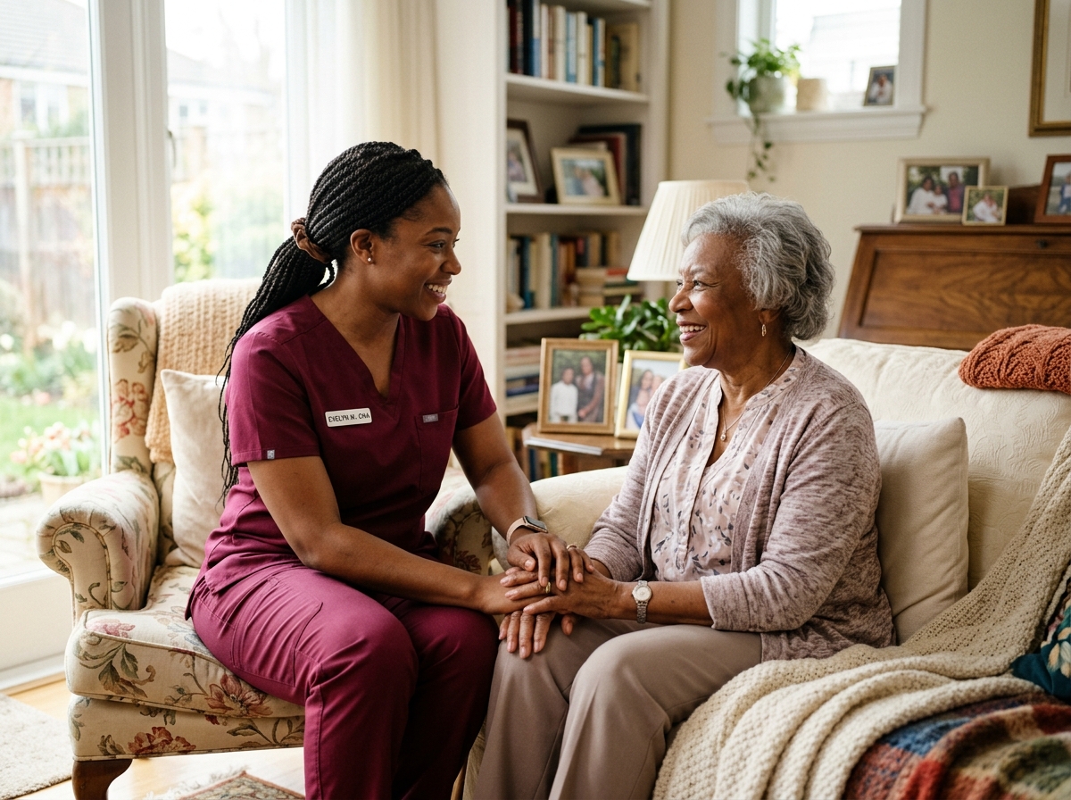 Compassionate caregiver having a warm conversation with a happy senior at home