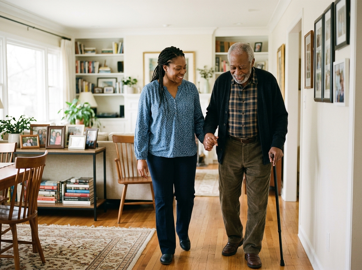 Caregiver assisting senior with companionship and daily home tasks with genuine smiles